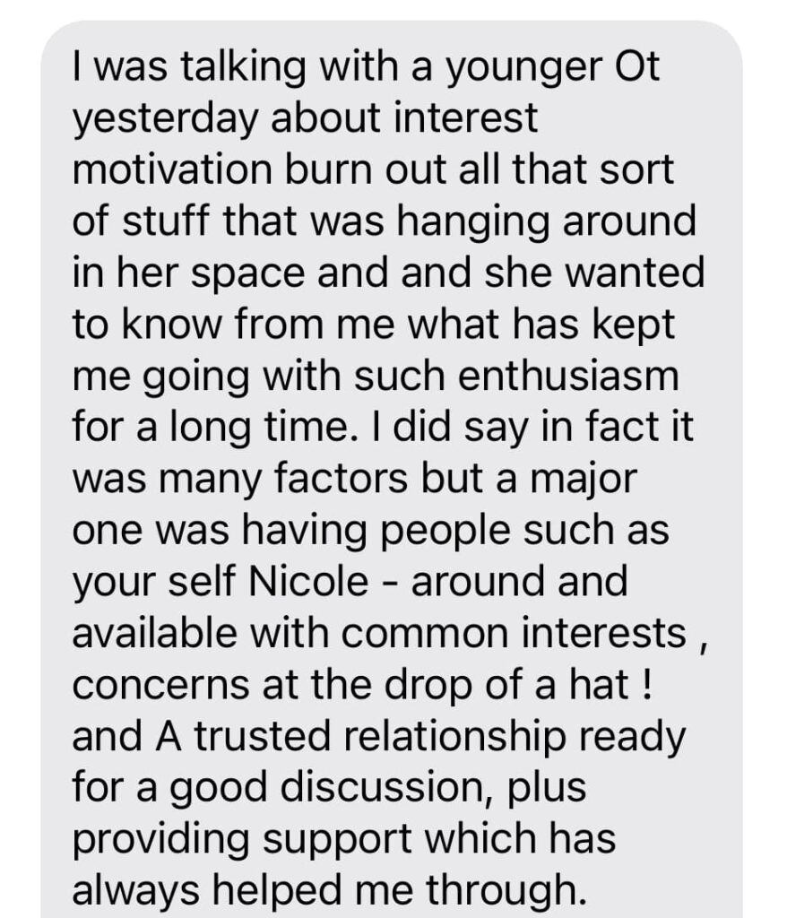 A text message discussing interest and motivation burn out, mentioning a discussion with someone named Ot and highlighting the importance of relationships and common interests for sustained enthusiasm.