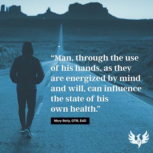A person walking down an empty road at dusk with a quote about the influence of mind, will, and hands on health overlayed on the image.
