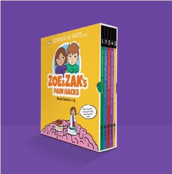 Image of the "Zoe & Zak's Pain Hacks" book series by Joshua W. Pate, PhD, showing volumes 1-5 in a yellow and purple box set against a purple background.