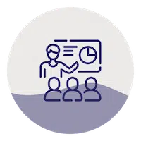 Icon of a person presenting data on a board with a pie chart to three individuals.