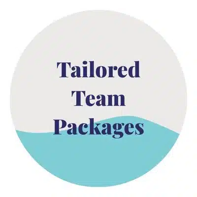 A circular graphic with the words "Tailored Team Packages" in blue text on a white and light blue background.