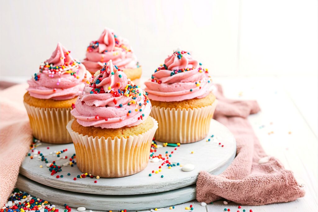 Four cupcakes topped with pink frosting and rainbow sprinkles on a wooden tray.