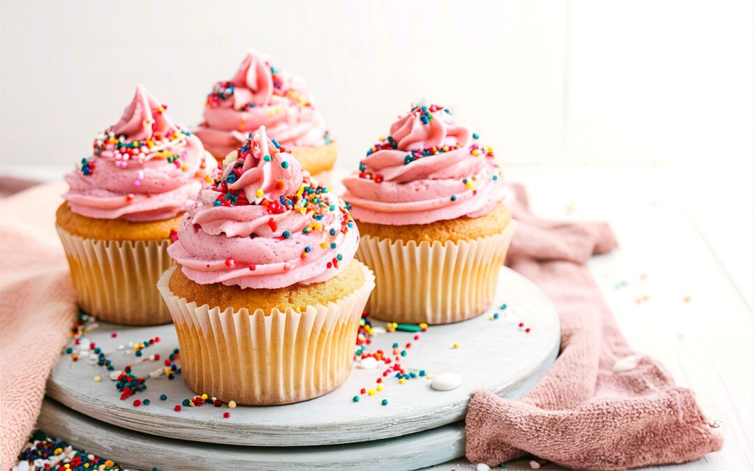 Four cupcakes topped with pink frosting and rainbow sprinkles on a wooden tray.